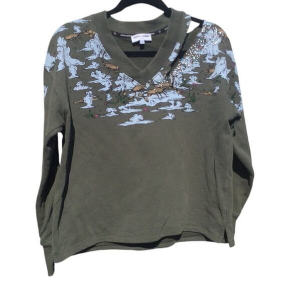 Opening Ceremony sweatshirt womens S olive green beaded Asian thrashed leisure - Picture 1 of 13